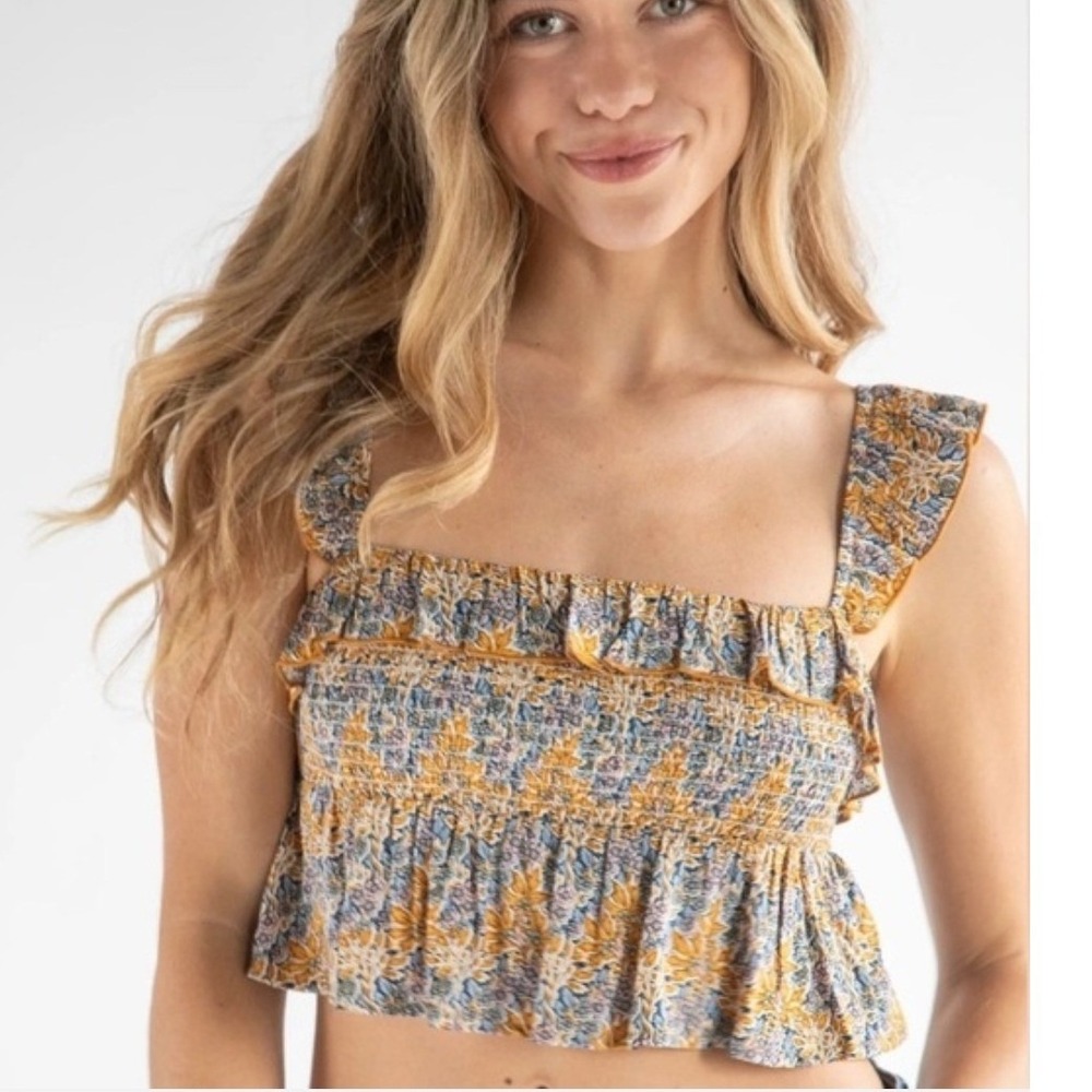 Natural Life Smocked Crop Top Mustard Yellow Blue Floral Ruffle Peplum Large NWT